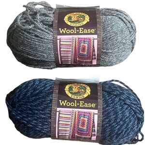Lion Brand Wool-Ease Yarn 2 Skeins Denim Twist & Oxford Grey Acrylic & Wool #4‎